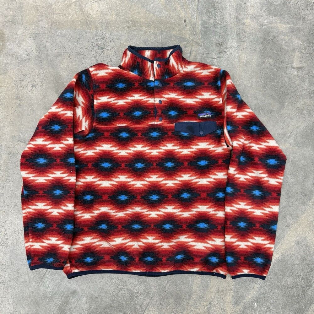 Patagonia Synchilla Jacket Womens Large Red Aztec Snap-T Fleece Pullover Print